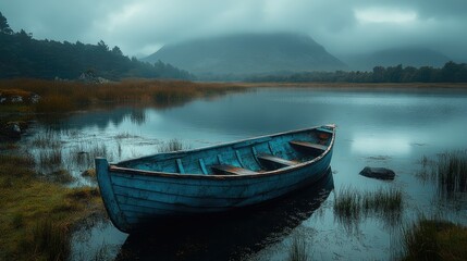 Tranquil lake scene with a weathered boat.