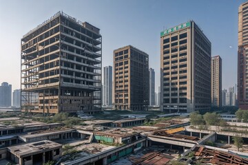 Obraz premium Disused Professional Floors and Towering Structures in Qingdao's Commercial Center