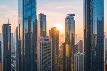 Shining Skyscrapers and Contemporary High-Rises Illuminating Urban Cityscape