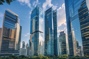 Obraz premium Contemporary Glass Skyscraper Complex Showcasing Urban Skyline and Dynamic City Vibe