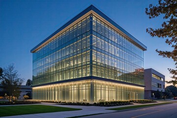 Obraz premium Modern Corporate Building with Glass Facade and Enhanced Lighting Design