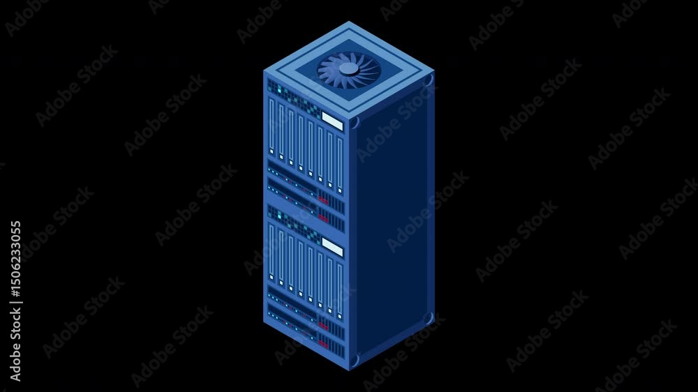 Poster isometric server animation. network server room. 3d computer equipment. storage database. isometric 