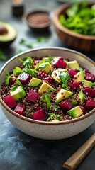 Healthy quinoa salad with vibrant beets and creamy avocado served in a bowl, placed on a white surface with a blurred background and caption space on the side, highlighting freshness and clean eating.