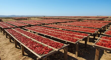 Vast field of red chili peppers drying on wooden racks under a clear blue sky. Rows upon rows of vibrant red peppers create a striking visual pattern on a sunny day. Brown ground in background.
