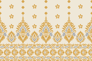Traditional ikat pattern seamless textile design in yellow and blue color scheme. Ethnic bohemian fabric ornament for fashion, home decor, crafts, wallpaper, wrapping paper, and surface design.