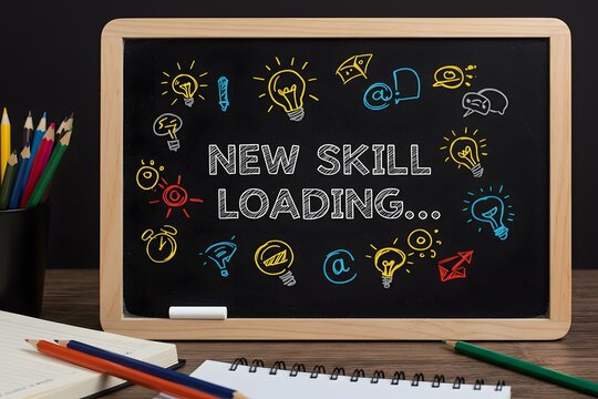 Chalkboard with 'new skill loading' and doodles symbolizes learning and growth. Generated AI	
