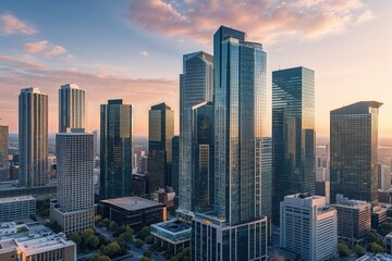 Fototapeta premium Modern Downtown Skyline Featuring High-Rise Office Towers in Urban Landscape