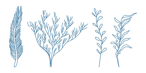 Marine elements doodle style set in blue la dolce vita. Italian style. Undersea world. Menu design of postcard and poster. Vector illustration.