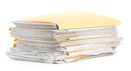 Stack of file folders with papers isolated on white