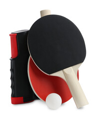 Ping pong rackets, ball and net isolated on white