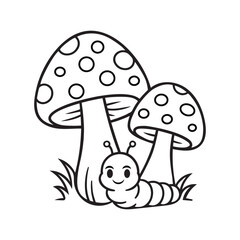 cute caterpillar with mushrooms coloring page, whimsical nature illustration for kids, black and white line art