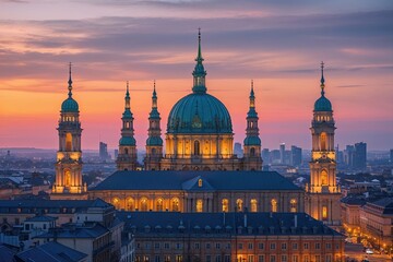 Naklejka premium Stunning Sunset Architecture in the Vibrant Skyline of a Cultural City