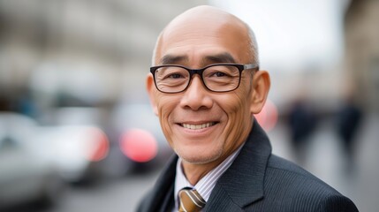 Fototapeta na wymiar smiling senior asian businessman wearing eyeglasses looking at the camera posing in the street,