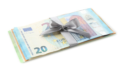Money bonus. Euro banknotes with bow isolated on white