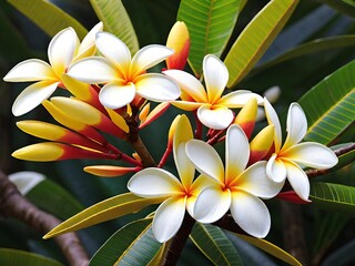 Obraz premium Blooming white and yellow plumeria flowers surrounded by lush green leaves in a tropical garden.