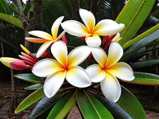 Obraz premium Blooming plumeria flowers with white petals and yellow centers, surrounded by lush green leaves in a tropical setting.