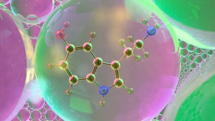3D render of organic molecule suspended inside colorful translucent bubbles, symbolizing chemical...