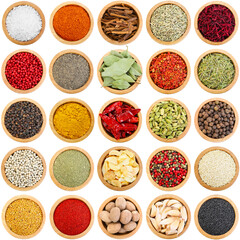 Different aromatic spices in bowls isolated on white, set. Top view