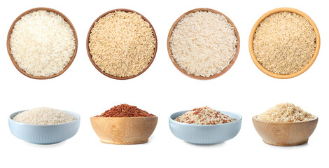 Brown and other types of rice in bowls isolated on white, collage. Top and side view