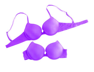 Beautiful purple bra isolated on white, collage. Top view
