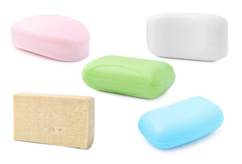 Different soap bars on white background, set