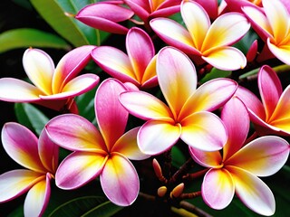 Close-up of vibrant pink, white, and yellow plumeria flowers with green leaves. Tropical bloom.