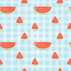 Seamless pattern with summer picnic and Watermelon on pastel Blue