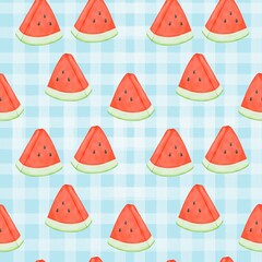 Seamless pattern with summer picnic and Watermelon on pastel Blue