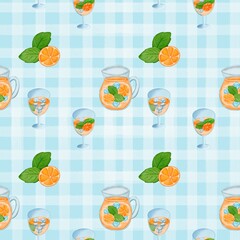 Seamless pattern with summer picnic and Orange Juice on pastel Blue