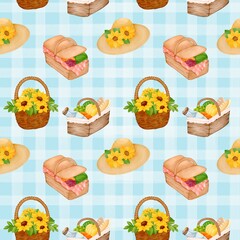 Seamless pattern with summer picnic and Picnic Basket on pastel Blue