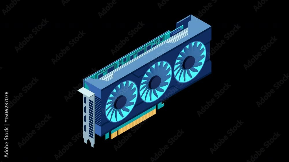 Poster isometric video graphic card animation. video card isometric. computer hardware components. gpu grap