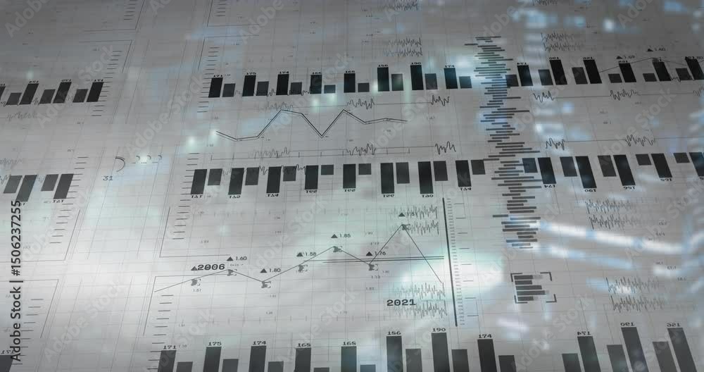 Poster on start data visualization animating bars and lines over grid and blurred city illustrating trends