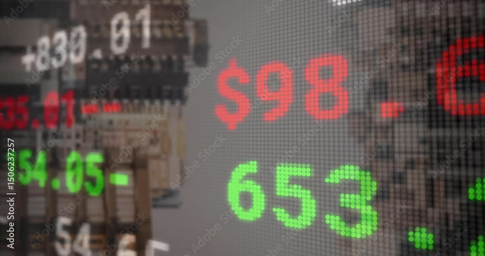 Poster time triggered ticker overlay flashing red green numbers on clear facade showing market volatility
