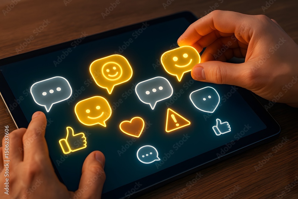 Poster digital social interaction, the symbol and message icons glow with inviting light. concept of interc