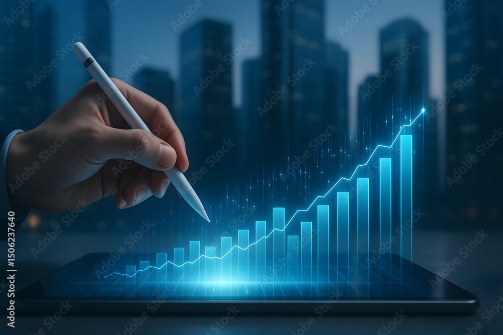 Poster analyzing growth, an image of a hand drawing on a growth graph on a digital tablet. representing con