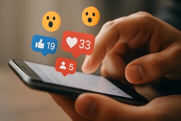 Digital Engagement: A close-up of a hand interacting with a smartphone, with social media reactions hovering above. Concept of digital connection.