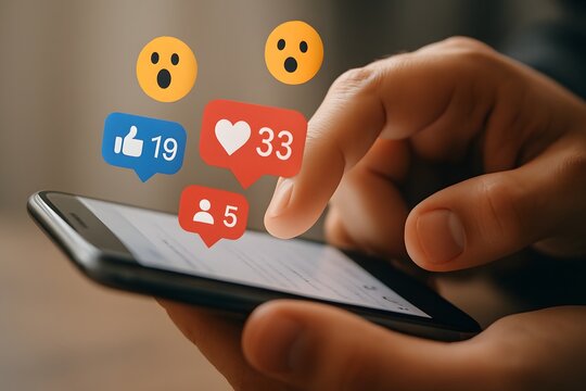 Digital Engagement: A close-up of a hand interacting with a smartphone, with social media reactions hovering above. Concept of digital connection.