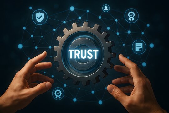 Illustration of Trust and Collaboration. The image portrays the essence of trust. Hands interacting with a central cogwheel, representing cooperation, and communication. 