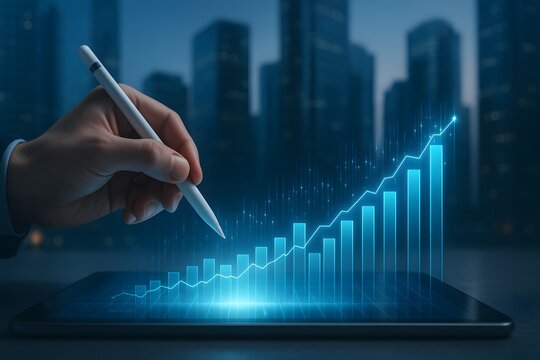 Analyzing Growth, an image of a hand drawing on a growth graph on a digital tablet. Representing concepts of financial growth, investment, and data analysis.