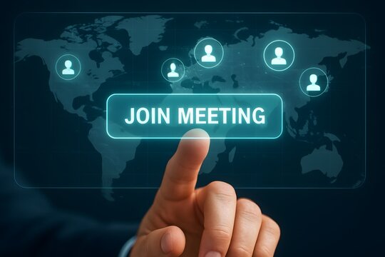 Online Meeting Concept, a fingertip touches the "JOIN MEETING" button, symbolizing connection. A contemporary illustration of virtual meeting.