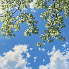 Obraz premium A vibrant sky, framed by fresh leaves