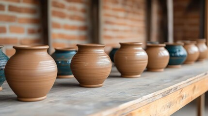 Handmade Clay Pots on Wooden Shelf