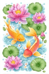 Pastel Koi Fish and Lotus Flowers Aquatic Illustration