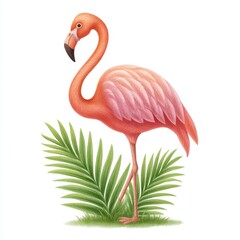 Pink Flamingo and Palm Frond Illustration