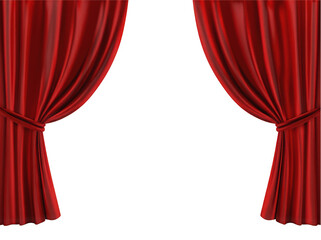 A pair of rich red curtains tied back, creating a dramatic stage effect.