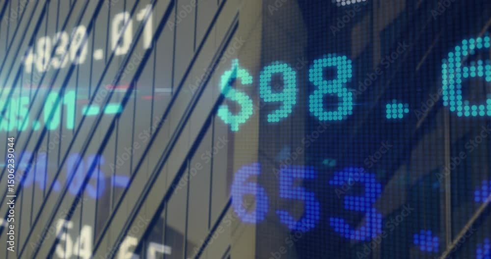 Poster on start digital stock ticker overlay updating values each second showing market fluctuations
