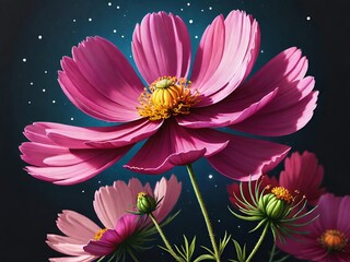 Close-up of vibrant pink cosmos flowers against a dark, starry background. Dreamy floral art.