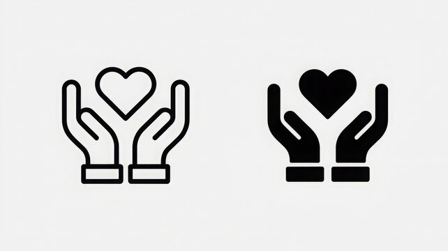 Two hands holding a heart icon in outline and solid fill on a white background side by side