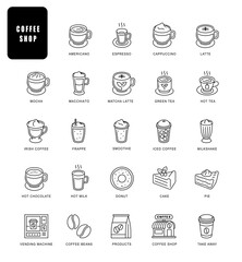 Set of coffee related vector line icons. Contains such Icons as espresso, cappuccino, latte, tea, milkshake, pie, cake and more.