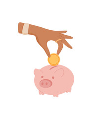 Hand holding coin sticker. Gesture of saving cash. Deposit into piggy bank, flat graphic style, suitable for finance and economy concepts. Perfect for illustrating cash management and saving